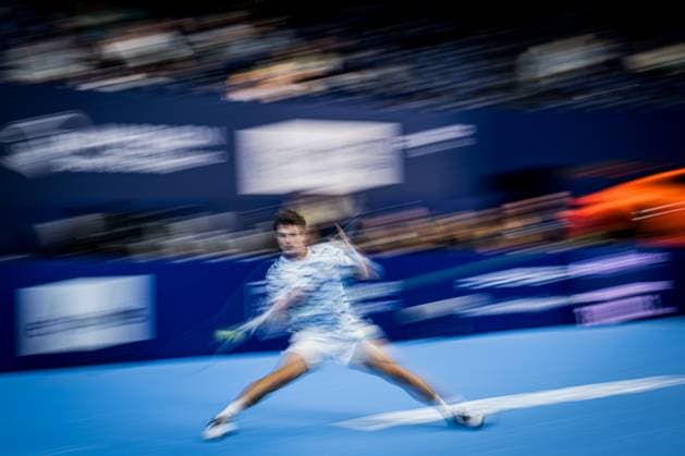 Belgian Gilles-Arnaud Bailly pictured in action during a tennis match in the qualification phase for the ATP, Tennis Herren European Open Tennis tournament in Antwerp, Monday 14 October 2024. JASPERxJACOBS  x102485182x