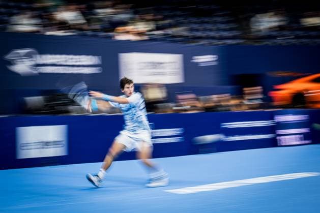Belgian Gilles-Arnaud Bailly pictured in action during a tennis match in the qualification phase for the ATP, Tennis Herren European Open Tennis tournament in Antwerp, Monday 14 October 2024. JASPERxJACOBS  x102485189x