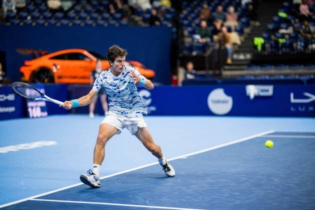 Belgian Gilles-Arnaud Bailly pictured in action during a tennis match in the qualification phase for the ATP, Tennis Herren European Open Tennis tournament in Antwerp, Monday 14 October 2024. JASPERxJACOBS  x102485202x