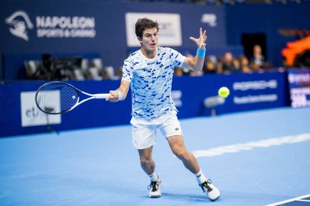 Belgian Gilles-Arnaud Bailly pictured in action during a tennis match in the qualification phase for the ATP, Tennis Herren European Open Tennis tournament in Antwerp, Monday 14 October 2024. JASPERxJACOBS  x102485239x