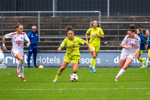 13 10 2024, Soccer Google Pixel Womens Bundesliga, Season 2024 2025, 06 Matchday, 1 FC Köln TSG Hoffenheim at Franz Kremer Stadium in Cologne duel between Dora Zeller 1 Fc Koeln, 19 , Ereleta Memeti TSG Hoffenheim, 07 and Adriana Achcinska 1 FC Köln, 09 Important note In accordance with the regulations of the DFL German Football League and the DFB German Football Association, it is prohibited to utilize or have utilized photographs taken in the stadium or of the match in the form of sequential images or video-like photo series Foto Kirchner Media TH Copyright: xKirchner-Media THx