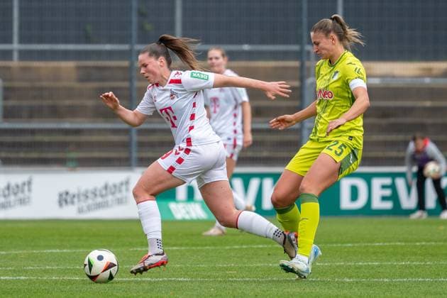 13 10 2024, Soccer Google Pixel Womens Bundesliga, Season 2024 2025, 06 Matchday, 1 FC Köln TSG Hoffenheim at Franz Kremer Stadium in Cologne duel between Adriana Achcinska 1 FC Köln, 09 and Melissa Koessler TSG Hoffenheim, 25 Important note In accordance with the regulations of the DFL German Football League and the DFB German Football Association, it is prohibited to utilize or have utilized photographs taken in the stadium and or of the match in the form of sequential images and or video-like photo series Foto Kirchner Media TH Copyright: xKirchner-Media THx