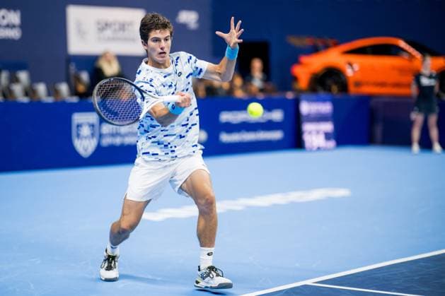 Belgian Gilles-Arnaud Bailly pictured in action during a tennis match in the qualification phase for the ATP, Tennis Herren European Open Tennis tournament in Antwerp, Monday 14 October 2024. JASPERxJACOBS  x102485252x