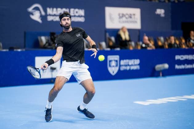 Nikoloz Basilashvili pictured in action during a tennis match in the qualification phase for the ATP, Tennis Herren European Open Tennis tournament in Antwerp, Monday 14 October 2024. JASPERxJACOBS  x102485295x