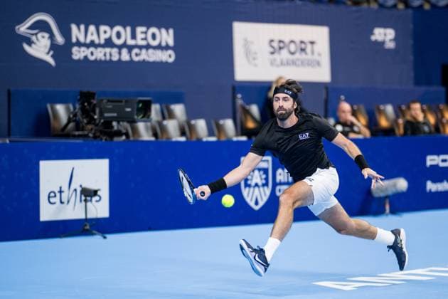 Nikoloz Basilashvili pictured in action during a tennis match in the qualification phase for the ATP, Tennis Herren European Open Tennis tournament in Antwerp, Monday 14 October 2024. JASPERxJACOBS  x102485301x