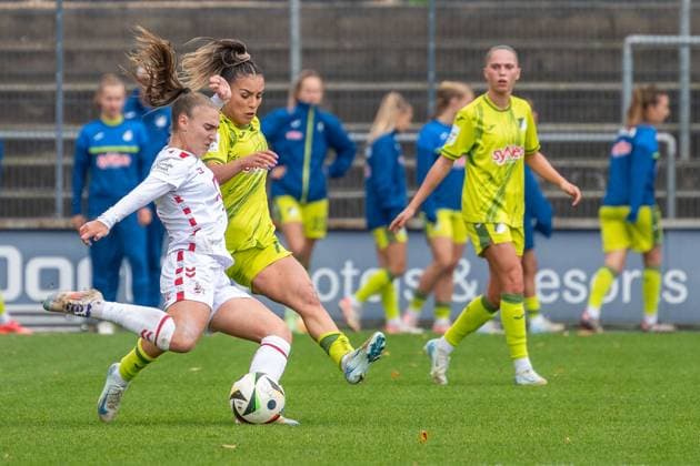 13 10 2024, Soccer Google Pixel Womens Bundesliga, Season 2024 2025, 06 Matchday, 1 FC Köln TSG Hoffenheim at Franz Kremer Stadium in Cologne duel between Alena Bienz 1 FC Köln, 11 and Ereleta Memeti TSG Hoffenheim, 07 Important note In accordance with the regulations of the DFL German Football League and the DFB German Football Association, it is prohibited to utilize or have utilized photographs taken in the stadium and or of the match in the form of sequential images and or video-like photo series Foto Kirchner Media TH Copyright: xKirchner-Media THx