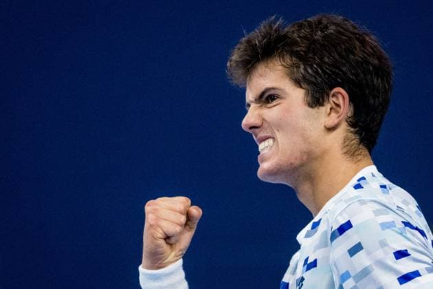 Belgian Gilles-Arnaud Bailly celebrate after winning a tennis match in the qualification phase for the ATP, Tennis Herren European Open Tennis tournament in Antwerp, Monday 14 October 2024. JASPERxJACOBS  x102491837x