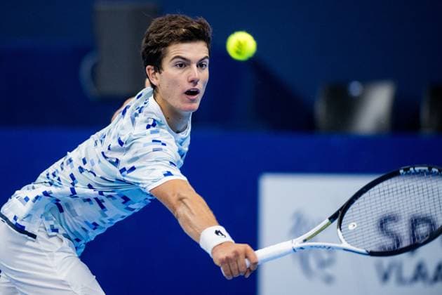 Belgian Gilles-Arnaud Bailly pictured in action during a tennis match in the qualification phase for the ATP, Tennis Herren European Open Tennis tournament in Antwerp, Monday 14 October 2024. JASPERxJACOBS  x102491886x