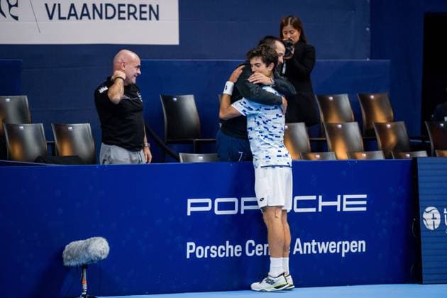 Belgian Gilles-Arnaud Bailly pictured in action during a tennis match in the qualification phase for the ATP, Tennis Herren European Open Tennis tournament in Antwerp, Monday 14 October 2024. JASPERxJACOBS  x102491988x