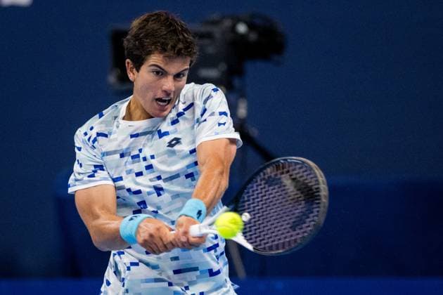 Belgian Gilles-Arnaud Bailly pictured in action during a tennis match in the qualification phase for the ATP, Tennis Herren European Open Tennis tournament in Antwerp, Monday 14 October 2024. JASPERxJACOBS  x102492538x
