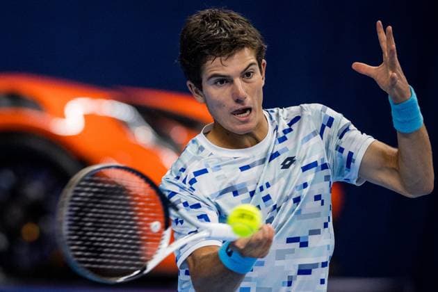 Belgian Gilles-Arnaud Bailly pictured in action during a tennis match in the qualification phase for the ATP, Tennis Herren European Open Tennis tournament in Antwerp, Monday 14 October 2024. JASPERxJACOBS  x102492591x