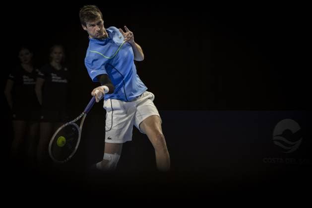 French Manuel Guinard pictured in action during the qualifying phase of the European Open Tennis ATP, Tennis Herren tournament, in Antwerp, Monday 14 October 2024. DAVIDxPINTENS  x102492739x