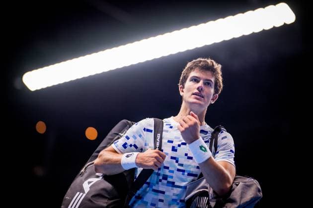 Belgian Gilles-Arnaud Bailly pictured after a tennis match in the qualification phase for the ATP, Tennis Herren European Open Tennis tournament in Antwerp, Monday 14 October 2024. JASPERxJACOBS  x102493411x