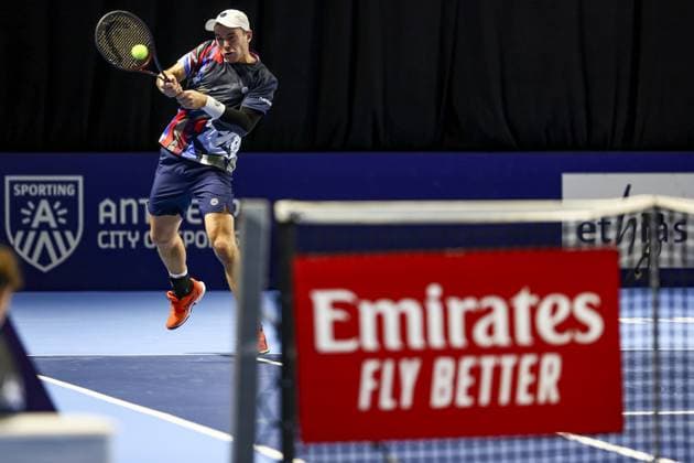 German Dominik Koepfer pictured in action during a tennis match in the round of 32 of the singles competition at the ATP, Tennis Herren European Open Tennis tournament in Antwerp, Monday 14 October 2024. DAVIDxPINTENS  x102499034x
