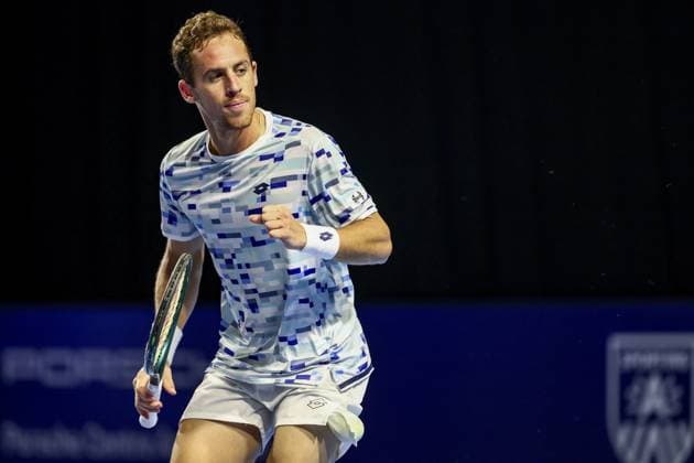 Spanish Roberto Carballes Baena celebrates after winning a tennis match in the round of 32 of the singles competition at the ATP, Tennis Herren European Open Tennis tournament in Antwerp, Monday 14 October 2024. DAVIDxPINTENS  x102503972x