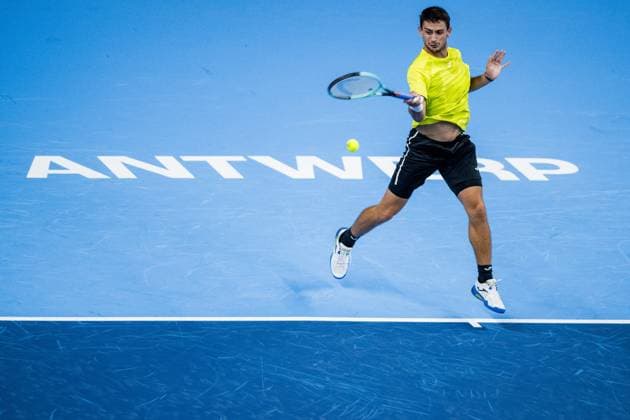 Mariano Navone pictured in action during a tennis match in the round of 32 of the singles competition at the ATP, Tennis Herren European Open Tennis tournament in Antwerp, Monday 14 October 2024. JASPERxJACOBS  x102504913x