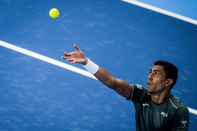 Brazilian Thiago Monteiro pictured in action during a tennis match in the round of 32 of the singles competition at the ATP, Tennis Herren European Open Tennis tournament in Antwerp, Monday 14 October 2024. JASPERxJACOBS  x102504923x