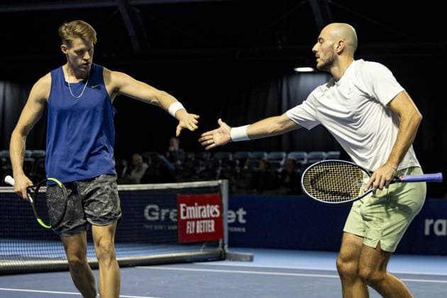 Hendrik Jebens and Constantin Frantzen pictured during a tennis match in the round of 16 of the doubles competition at the ATP, Tennis Herren European Open Tennis tournament in Antwerp, Monday 14 October 2024. DAVIDxPINTENS  x102508705x