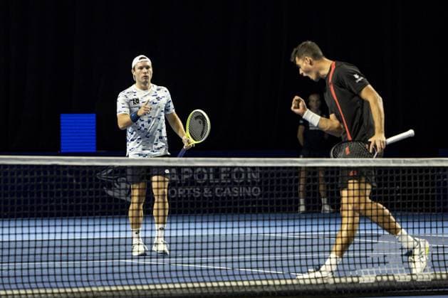 Austrian Alexander Erler and Austrian Lucas Miedler pictured during a tennis match in the round of 16 of the doubles competition at the ATP, Tennis Herren European Open Tennis tournament in Antwerp, Monday 14 October 2024. DAVIDxPINTENS  x102513501x
