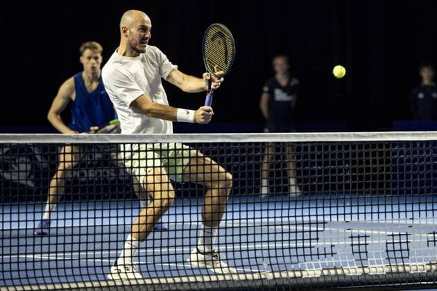Constantin Frantzen and Hendrik Jebens pictured during a tennis match in the round of 16 of the doubles competition at the ATP, Tennis Herren European Open Tennis tournament in Antwerp, Monday 14 October 2024. DAVIDxPINTENS  x102513633x