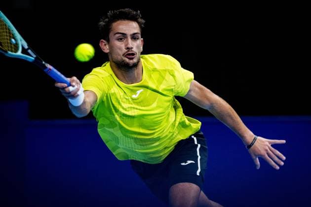 Mariano Navone pictured in action during a tennis match in the round of 32 of the singles competition at the ATP, Tennis Herren European Open Tennis tournament in Antwerp, Monday 14 October 2024. JASPERxJACOBS  x102517042x