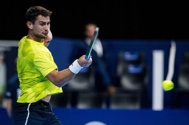 Mariano Navone pictured in action during a tennis match in the round of 32 of the singles competition at the ATP, Tennis Herren European Open Tennis tournament in Antwerp, Monday 14 October 2024. JASPERxJACOBS  x102517054x