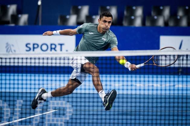 Brazilian Thiago Monteiro pictured in action during a tennis match in the round of 32 of the singles competition at the ATP, Tennis Herren European Open Tennis tournament in Antwerp, Monday 14 October 2024. JASPERxJACOBS  x102517326x