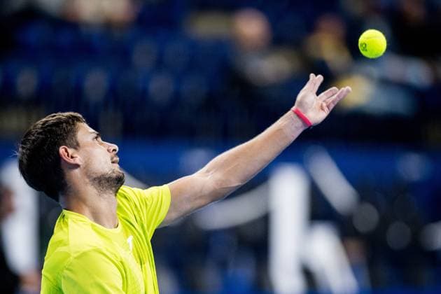 Mariano Navone pictured in action during a tennis match in the round of 32 of the singles competition at the ATP, Tennis Herren European Open Tennis tournament in Antwerp, Monday 14 October 2024. JASPERxJACOBS  x102517397x