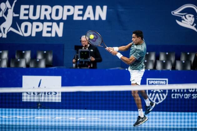 Brazilian Thiago Monteiro pictured in action during a tennis match in the round of 32 of the singles competition at the ATP, Tennis Herren European Open Tennis tournament in Antwerp, Monday 14 October 2024. JASPERxJACOBS  x102517503x