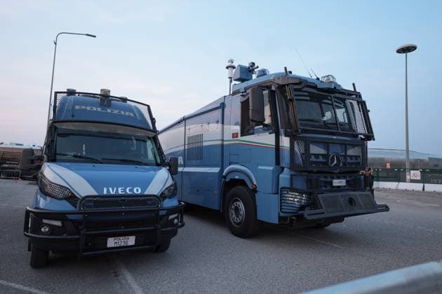 Udine, Italy, 14th October 2024. Riot Police vehicles prior to the UEFA Nations League match at Stadio Friuli, Udine. Picture credit should read: Jonathan Moscrop Sportimage EDITORIAL USE ONLY. No use with unauthorised audio, video, data, fixture lists, club league logos or live services. Online in-match use limited to 120 images, no video emulation. No use in betting, games or single club league player publications. SPI-3371-0003