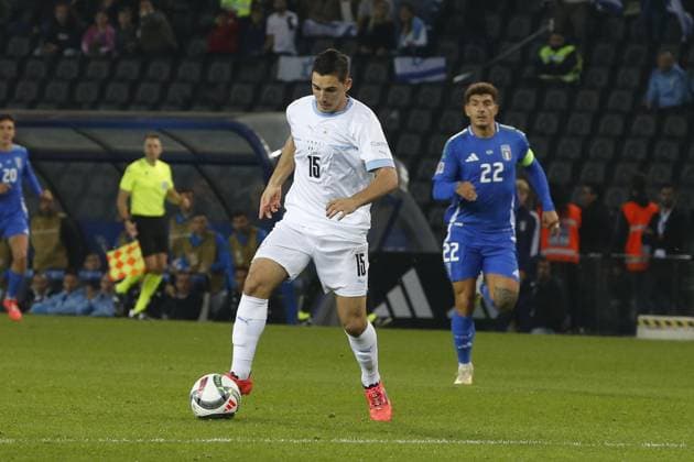 October 14, 2024, Udine, Italy: Oscar Gloukh of Israel kick the ball during Italy vs Israel, matchday 4 of League A of Uefa Nations League 2025, game at Bluenergy stadium - stadio Friuli in Udine (UD), Italy, on October 14, 2024. UEFA Nations League; Italy vs Israel  - ZUMAa110 20241014_zaf_a110_040 Copyright: xDavidexCasentinix