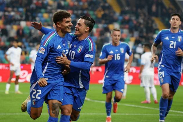 italian s giovanni di lorenzo celebrates after scoring the 2-0 goal for his team during the Nations league soccer match between Italia and Israele at the Bluenergy Stadium in Udine, north east Italy - Monday, October 14,2024 - soccer  Copyright: xAndreaxBressanutti LaPressex
