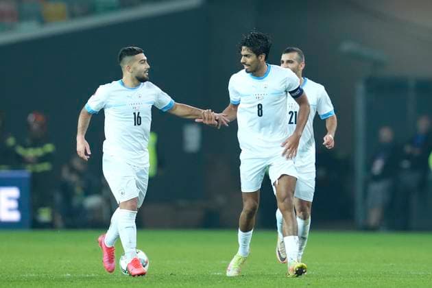 Mohammad Abu Fani (Israel) celebrates after scoring his team s first goal with team mates, UEFA Nations League 2024 25 League A Group A2, Italy v Israel, Stadio Friuli, October 14, 2024, Udine, Italy.