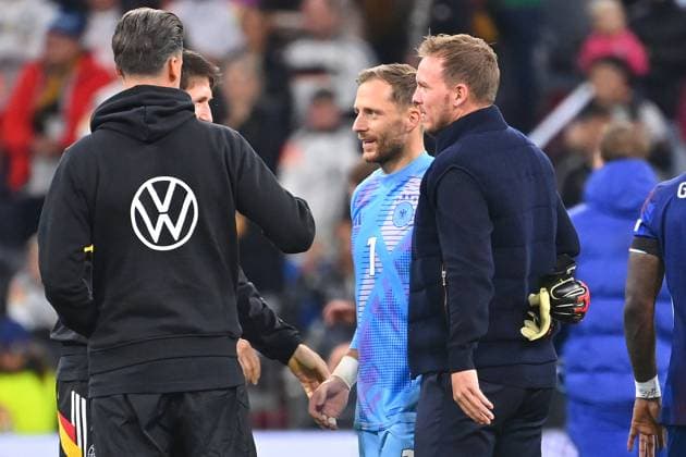 from left Sandro WAGNER Co coach GER with goalkeeper Oliver BAUMANN GER ,national coach Julian NAGELSMANN GER after the end of the match Football UEFA Nations League Germany GER Netherlands NED 1 0 on 14 10 2024 in the A L L I A N Z A R E N A Munich,