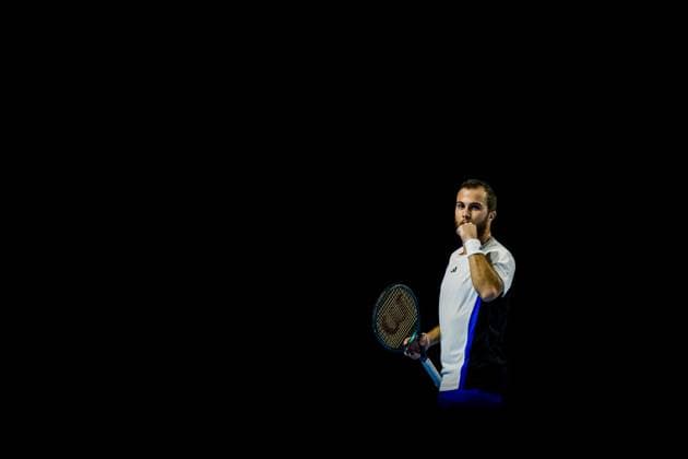French Hugo Gaston pictured in action during a tennis match in the round of 32 of the singles competition at the ATP, Tennis Herren European Open Tennis tournament in Antwerp, Tuesday 15 October 2024. JASPERxJACOBS  x102615082x