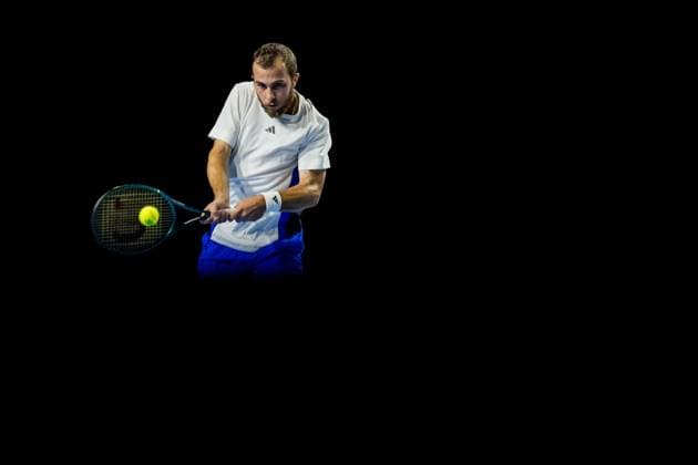 French Hugo Gaston pictured in action during a tennis match in the round of 32 of the singles competition at the ATP, Tennis Herren European Open Tennis tournament in Antwerp, Tuesday 15 October 2024. JASPERxJACOBS  x102615143x