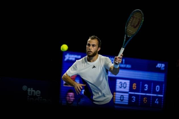 French Hugo Gaston pictured in action during a tennis match in the round of 32 of the singles competition at the ATP, Tennis Herren European Open Tennis tournament in Antwerp, Tuesday 15 October 2024. JASPERxJACOBS  x102615170x