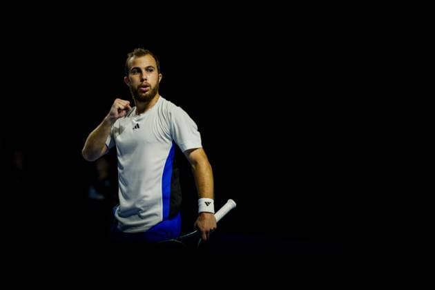 French Hugo Gaston pictured in action during a tennis match in the round of 32 of the singles competition at the ATP, Tennis Herren European Open Tennis tournament in Antwerp, Tuesday 15 October 2024. JASPERxJACOBS  x102615174x