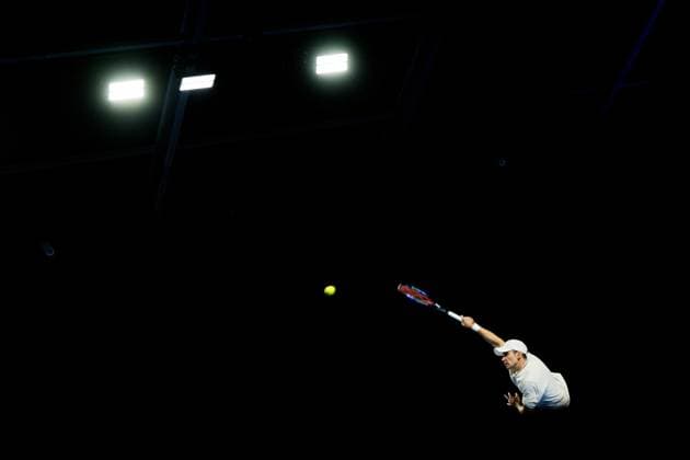 Alexey Vatutin pictured in action during a tennis match in the round of 32 of the singles competition at the ATP, Tennis Herren European Open Tennis tournament in Antwerp, Tuesday 15 October 2024. JASPERxJACOBS  x102615194x