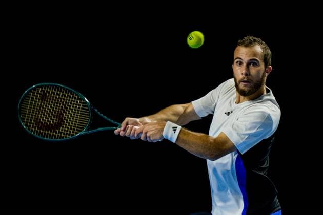 French Hugo Gaston pictured in action during a tennis match in the round of 32 of the singles competition at the ATP, Tennis Herren European Open Tennis tournament in Antwerp, Tuesday 15 October 2024. JASPERxJACOBS  x102615340x