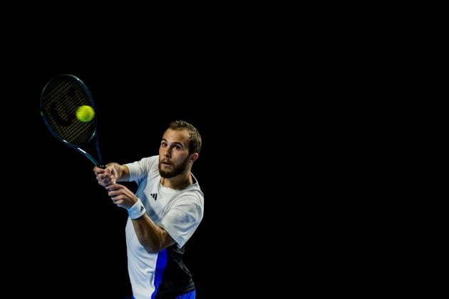 French Hugo Gaston pictured in action during a tennis match in the round of 32 of the singles competition at the ATP, Tennis Herren European Open Tennis tournament in Antwerp, Tuesday 15 October 2024. JASPERxJACOBS  x102615352x