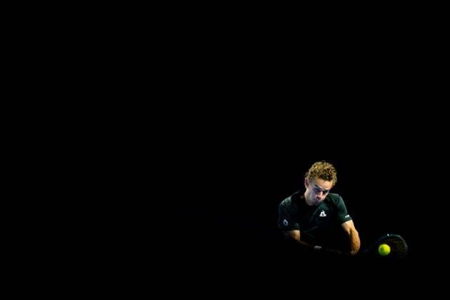 French Luca Van Assche pictured in action during a tennis match in the round of 32 of the singles competition at the ATP, Tennis Herren European Open Tennis tournament in Antwerp, Tuesday 15 October 2024. JASPERxJACOBS  x102615512x