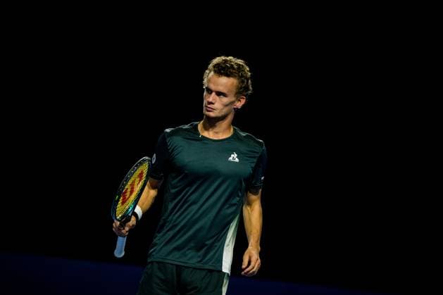French Luca Van Assche pictured in action during a tennis match in the round of 32 of the singles competition at the ATP, Tennis Herren European Open Tennis tournament in Antwerp, Tuesday 15 October 2024. JASPERxJACOBS  x102615521x