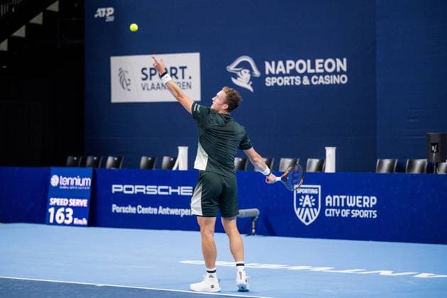 Jiri Lehecka pictured in action during a tennis match in the round of 32 of the singles competition at the ATP, Tennis Herren European Open Tennis tournament in Antwerp, Tuesday 15 October 2024. JASPERxJACOBS  x102616218x