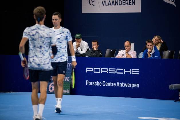 Belgian Sander Gille, Belgian Joran Vliegen and Belgian captain Steve Darcis are seen at a tennis match in the round of 16 of the doubles competition at the ATP, Tennis Herren European Open Tennis tournament in Antwerp, Tuesday 15 October 2024. JASPERxJACOBS  x102626641x