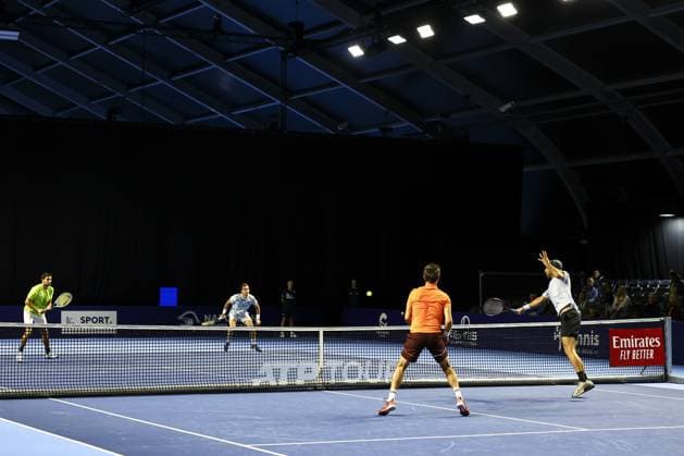 Spanish Roberto Carballes Baena, Mariano Navone Argentinian Maximo Gonzalez and French Edouard Roger-Vasselin pictured in action during a tennis match in the round of 16 of the doubles competition at the ATP, Tennis Herren European Open Tennis tournament in Antwerp, Tuesday 15 October 2024. DAVIDxPINTENS  x102629042x