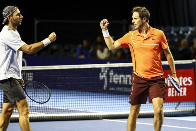 Argentinian Maximo Gonzalez and French Edouard Roger-Vasselin pictured during a tennis match in the round of 16 of the doubles competition at the ATP, Tennis Herren European Open Tennis tournament in Antwerp, Tuesday 15 October 2024. DAVIDxPINTENS  x102629112x