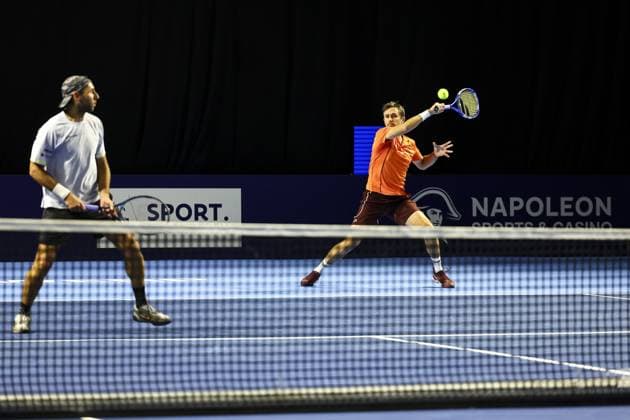Argentinian Maximo Gonzalez and French Edouard Roger-Vasselin pictured in action during a tennis match in the round of 16 of the doubles competition at the ATP, Tennis Herren European Open Tennis tournament in Antwerp, Tuesday 15 October 2024. DAVIDxPINTENS  x102629133x