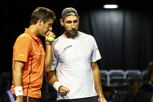 Argentinian Maximo Gonzalez and French Edouard Roger-Vasselin pictured during a tennis match in the round of 16 of the doubles competition at the ATP, Tennis Herren European Open Tennis tournament in Antwerp, Tuesday 15 October 2024. DAVIDxPINTENS  x102629146x