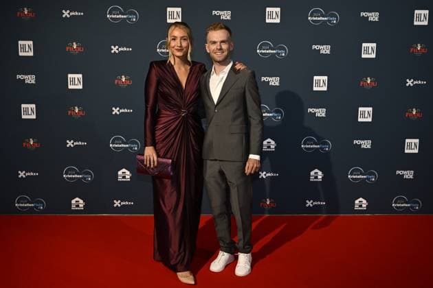 Fied Maddens and Eli Iserbyt pictured on the red carpet at the arrival for the Kristallen Fiets (Crystal Bike - Velo de Cristal) award ceremony for the best cyclists of the 2024 cycling season, organized by Flemish newspaper Het Laatste Nieuws, Tuesday 15 October 2024, in Kruisem. DIRKxWAEM  x102639466x